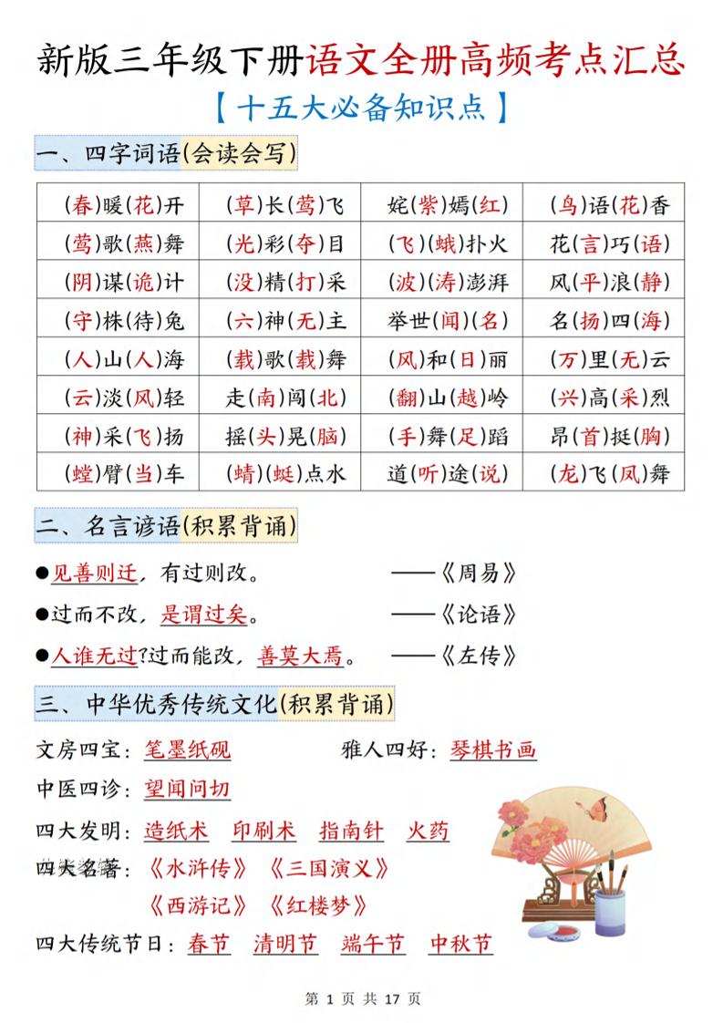 三年级下语文期末复习高频考点汇总（十五大必备知识点）-青禾学社