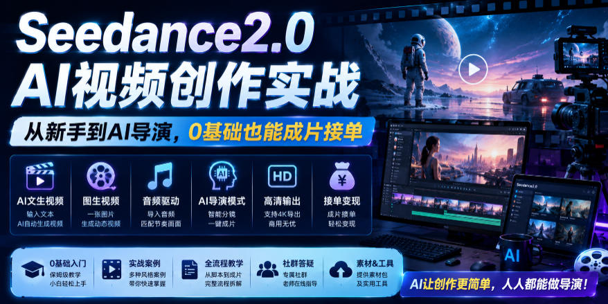 Seedance2.0 AI视频创作实战，从新手到AI导演，0基础也能成片接单变现-青禾学社
