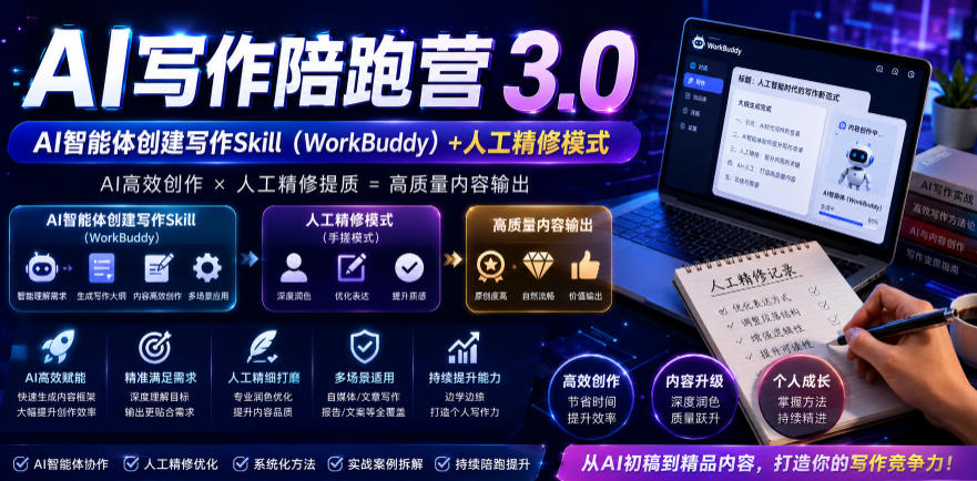 AI写作陪跑营3.0，Ai智能体创建写作skill(workbuddy)+人工手写模式(手搓模式)，去除AI痕迹(头条号、公众号、百家号)-青禾学社