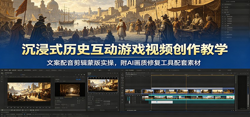 沉浸式历史互动游戏视频创作教学：文案配音剪辑蒙版实操，附AI画质修复工具配套素材-青禾学社