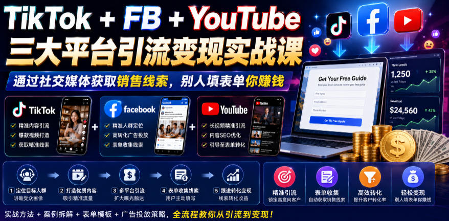 TikTok+FB+YouTube三大平台引流变现实战课，通过社交媒体获取销售线索，别人填表单你賺钱【原创双语字幕】-青禾学社