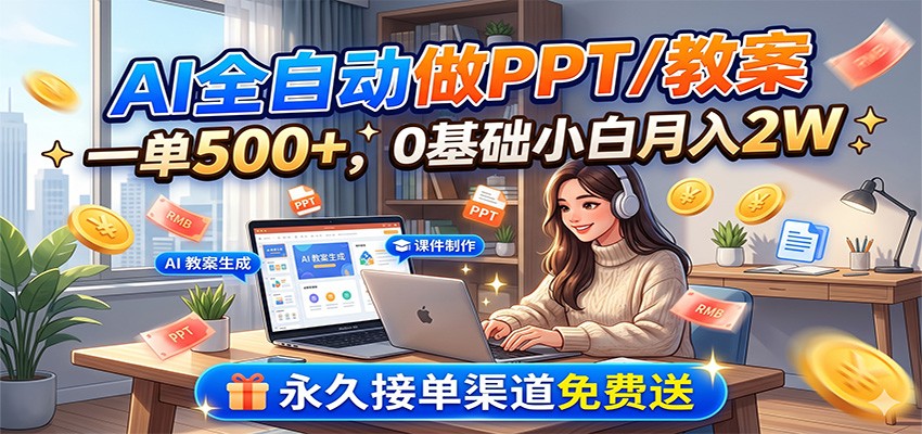 AI全自动做PPT/教案，一单500+，0基础小白月入2W，永久接单渠道免费送-青禾学社