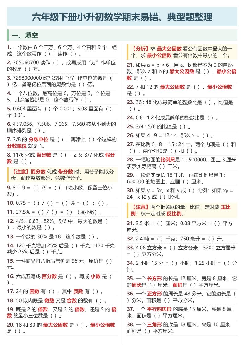 六年级下数学期末常考易错、典型题整理-青禾学社