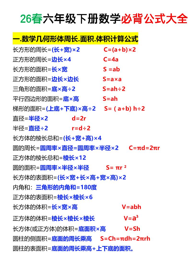 26春六年级下数学期末必背公式大全-青禾学社