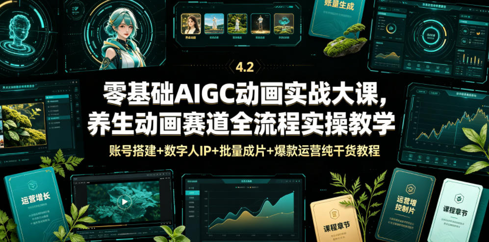 零基础AIGC动画实战大课，养生动画赛道全流程实操教学，账号搭建+数字人IP+批量成片+爆款运营纯干货教程-青禾学社