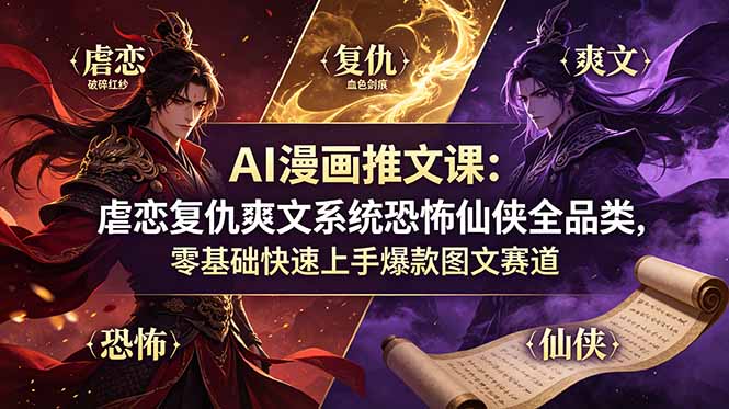 AI漫画推文课：虐恋复仇爽文系统恐怖仙侠全品类，零基础快速上手爆款图文赛道-青禾学社