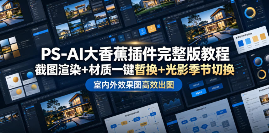 PS-AI大香蕉插件完整版教程，截图渲染+材质一键替换+光影季节切换，室内外效果图高效出图高阶课程-青禾学社