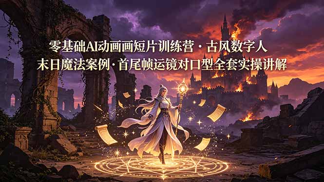 零基础AI动画短片训练营，古风数字人末日魔法案例，首尾帧运镜对口型全套实操讲解-青禾学社