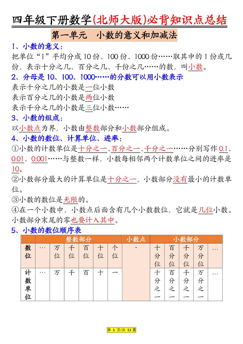 四年级下数学知识要点归纳《北师版》-青禾学社