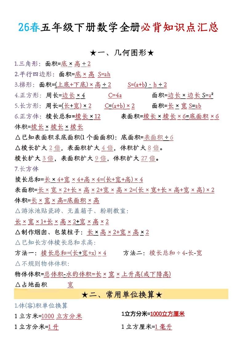 26春五年级下数学期末必背公式汇总-青禾学社