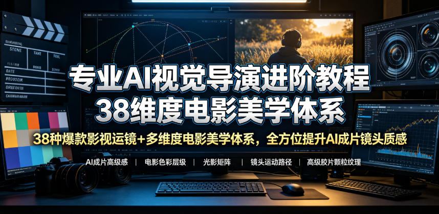 专业AI视觉导演进阶教程，38种爆款影视运镜+多维度电影美学体系，全方位提升AI成片高级感与镜头质感-青禾学社