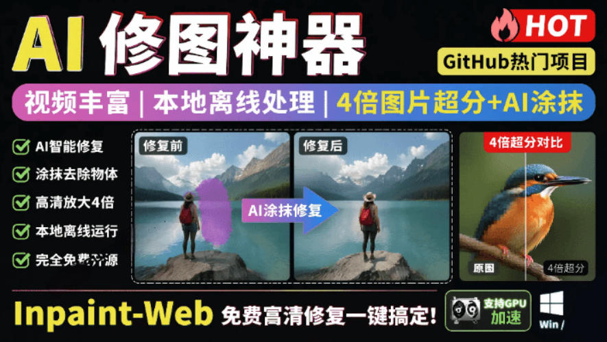 本地离线处理，4倍图片超分+AI涂抹去水印！Github上热门神器，免费高清修复图一键搞定！Inpaint-Web-青禾学社
