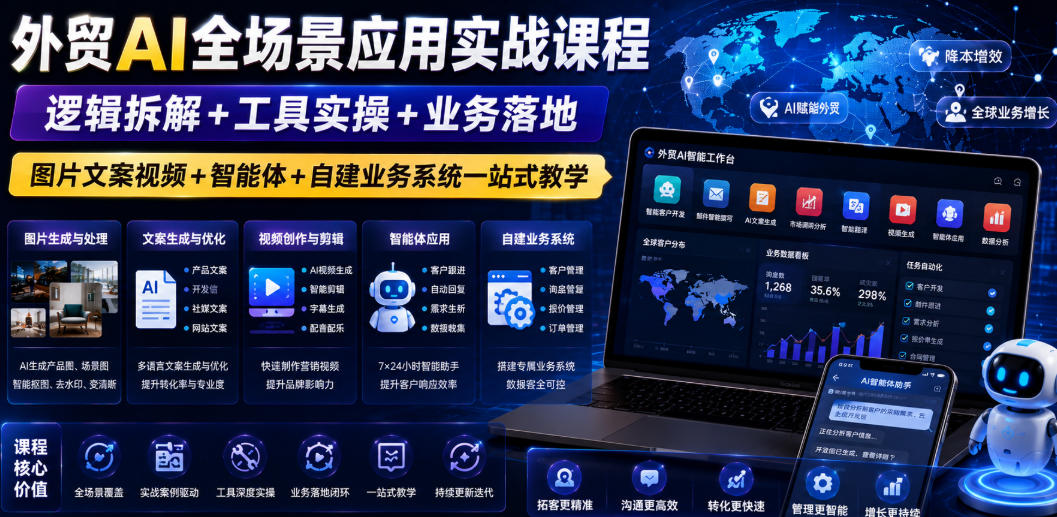 外贸AI全场景应用实战课程｜逻辑拆解+工具实操+业务落地，图片文案视频+智能体+自建业务系统一站式教学-青禾学社