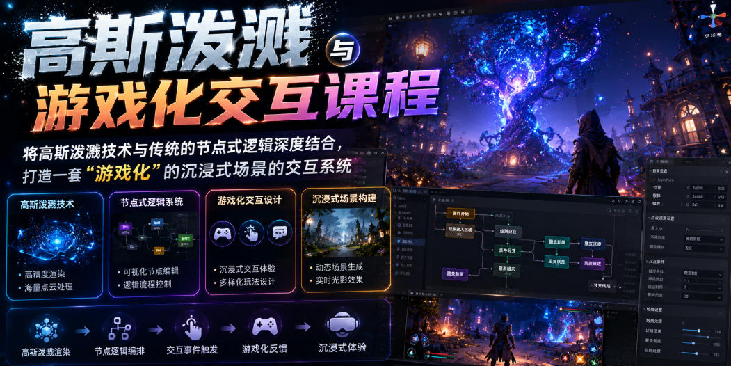 高斯泼溅与游戏化交互课程，将高斯泼溅技术与传统的节点式逻辑深度结合，打造一套“游戏化”的沉浸式场景的交互系统-青禾学社