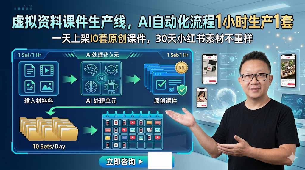 虚拟资料课件生产线，AI自动化流程1小时生产1套，一天上架10套原创课件，30天小红书素材不重样-青禾学社