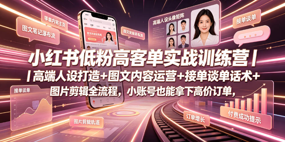 小红书低粉高客单实战训练营｜高端人设打造+图文内容运营+接单谈单话术+图片剪辑全流程，小账号也能拿下高价订单-青禾学社