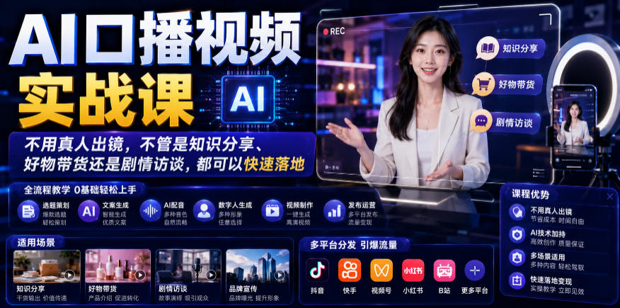 AI口播视频实战课，不用真人出镜，不管是知识分享、好物带货还是剧情访谈，都可以快速落地-青禾学社