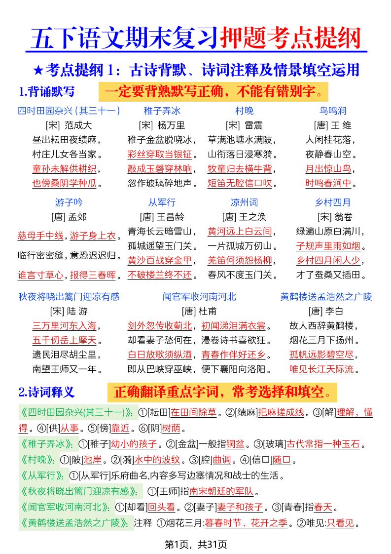 26春五年级下语文期末复习押题考点提纲-青禾学社