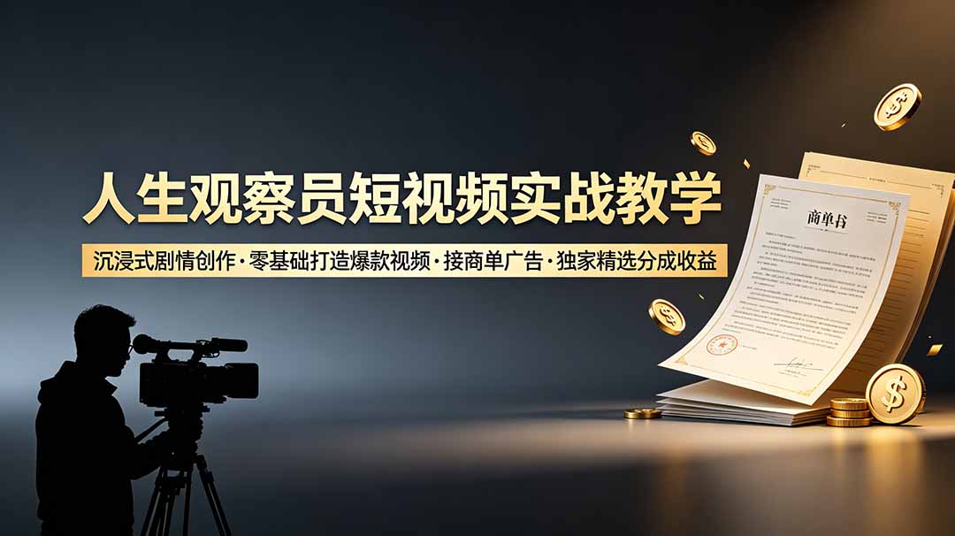 人生观察员短视频实战教学，沉浸式剧情创作，零基础打造爆款视频，接商单广告，独家精选分成收益-青禾学社