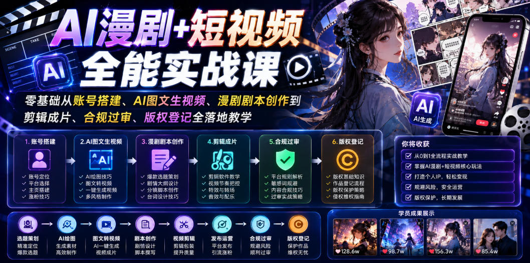 AI漫剧+短视频全能实战课｜零基础从账号搭建、AI图文生视频、漫剧剧本创作到剪辑成片、合规过审、版权登记全落地教学-青禾学社