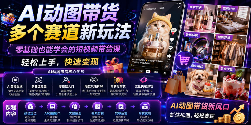 AI动图带货多个赛道新玩法，零基础也能学会的短视频带货课，轻松上手，快速变现-青禾学社