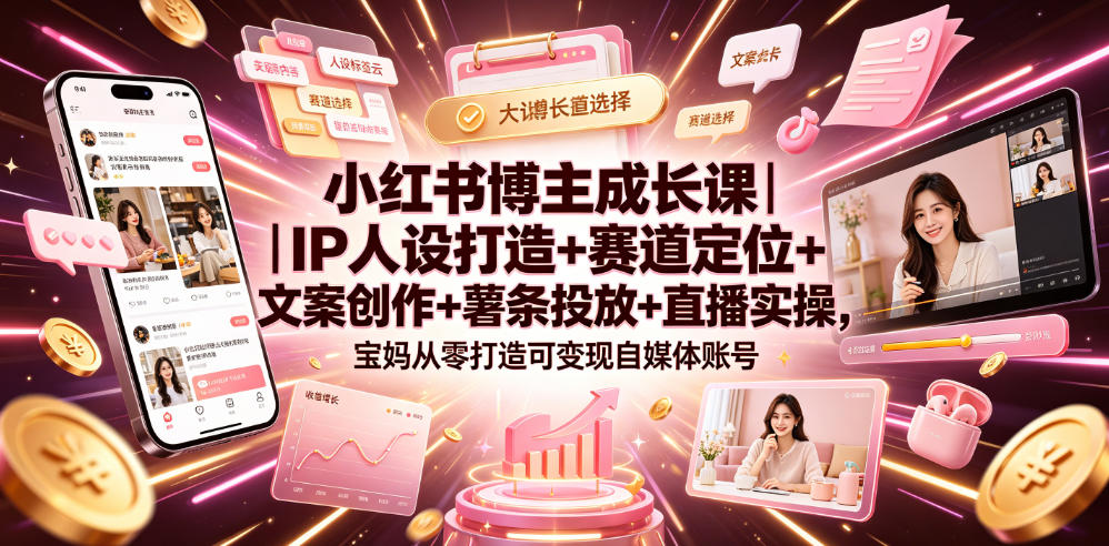 小红书博主成长课｜IP人设打造+赛道定位+文案创作+薯条投放+直播实操，宝妈从零打造可变现自媒体账号-青禾学社