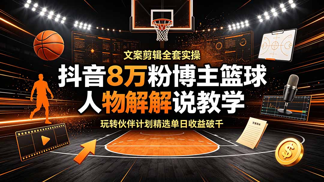 抖音8万粉博主篮球人物解说教学，文案剪辑全套实操，玩转伙伴计划精选单日收益破千-青禾学社