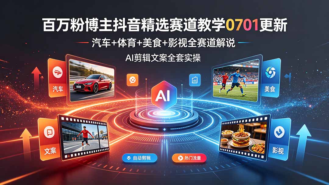 百万粉博主抖音精选赛道教学-0701更新，汽车+体育+美食+影视全赛道解说，AI剪辑文案全套实操-青禾学社