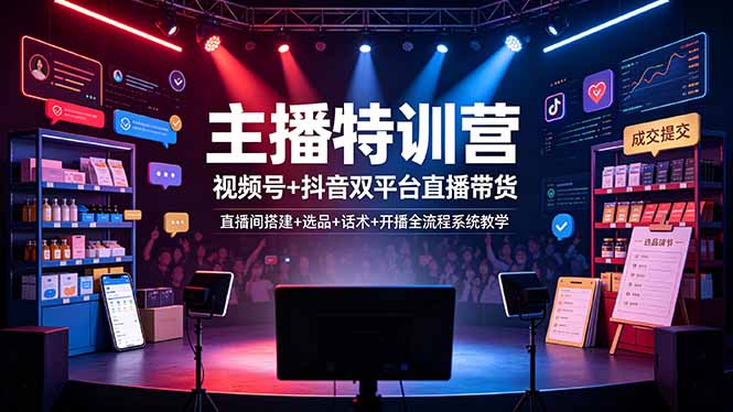 主播特训营：视频号+抖音双平台直播带货，直播间搭建+选品+话术+开播全流程系统教学-青禾学社