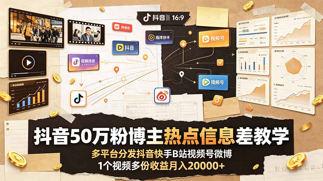 抖音50万粉博主热点信息差教学：多平台分发抖音快手B站视频号微博，1个视频多份收益月入20000+-青禾学社