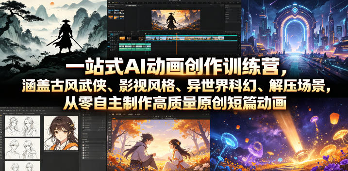 一站式AI动画创作训练营，涵盖古风武侠、影视风格、异世界科幻、解压场景，从零自主制作高质量原创短篇动画-青禾学社