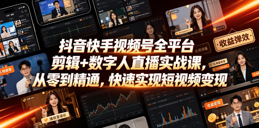 抖音快手视频号全平台剪辑+数字人直播实战课，从零到精通，快速实现短视频变现(更新2026年6月)​-青禾学社