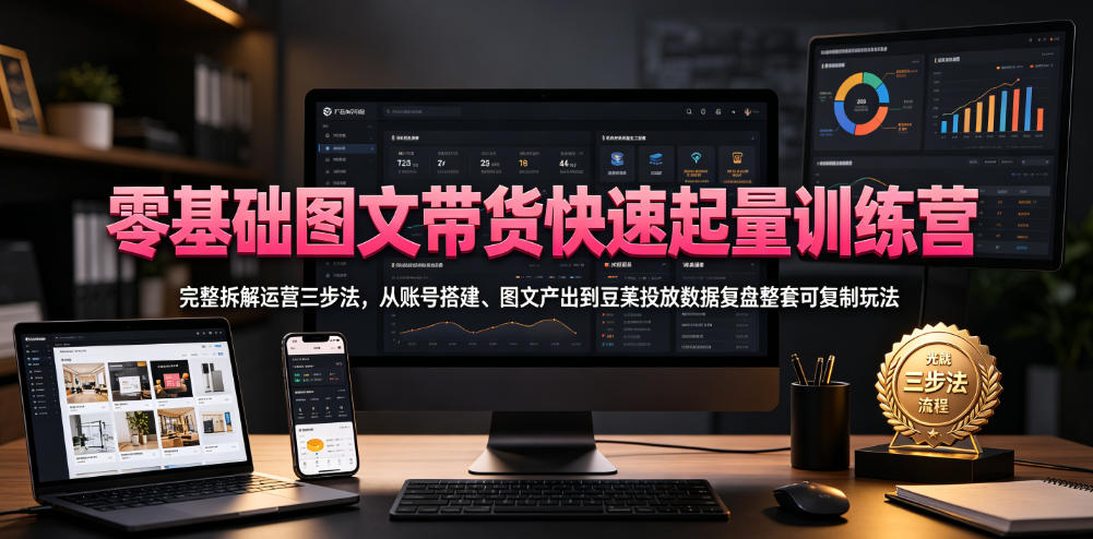 零基础图文带货快速起量训练营，完整拆解运营三步法，从账号搭建、图文产出到豆荚投放数据复盘整套可复制玩法-青禾学社