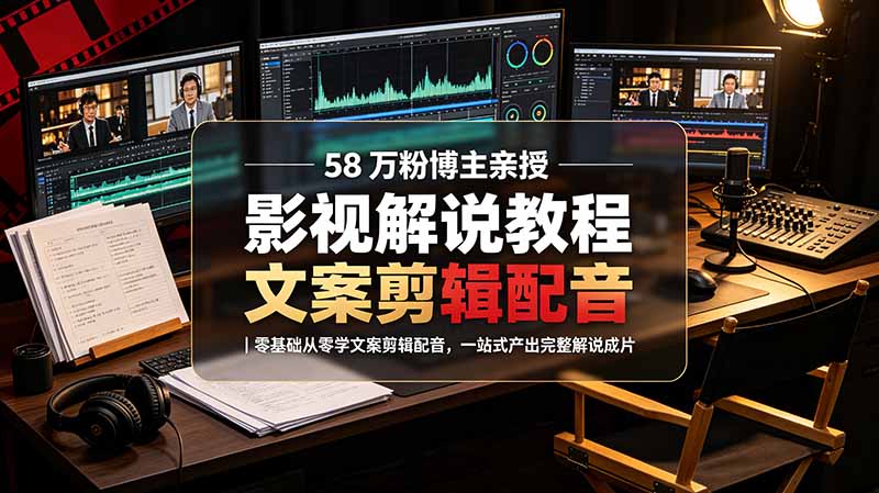 58 万粉博主荧幕春秋亲授影视解说教程｜零基础从零学文案剪辑配音，一站式产出完整解说成片-青禾学社