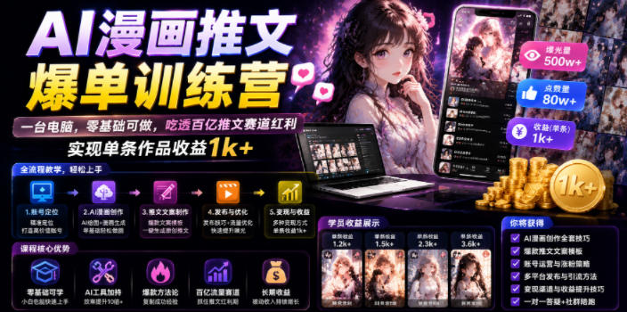 AI漫画推文爆单训练营，一台电脑，零基础可做，吃透百亿推文赛道红利，实现单条作品收益1k+-青禾学社