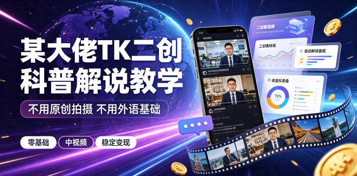 某大佬TK二创科普解说教学，不用原创拍摄不用外语基础，零基础做TikTok中视频稳定变现-青禾学社