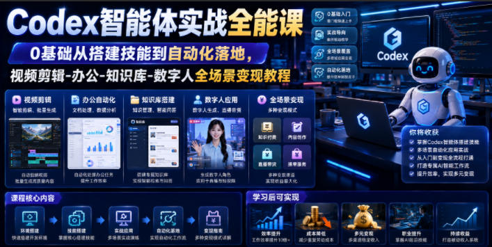 Codex智能体实战全能课｜0基础从搭建技能到自动化落地，视频剪辑-办公-知识库-数字人全场景变现教程-青禾学社