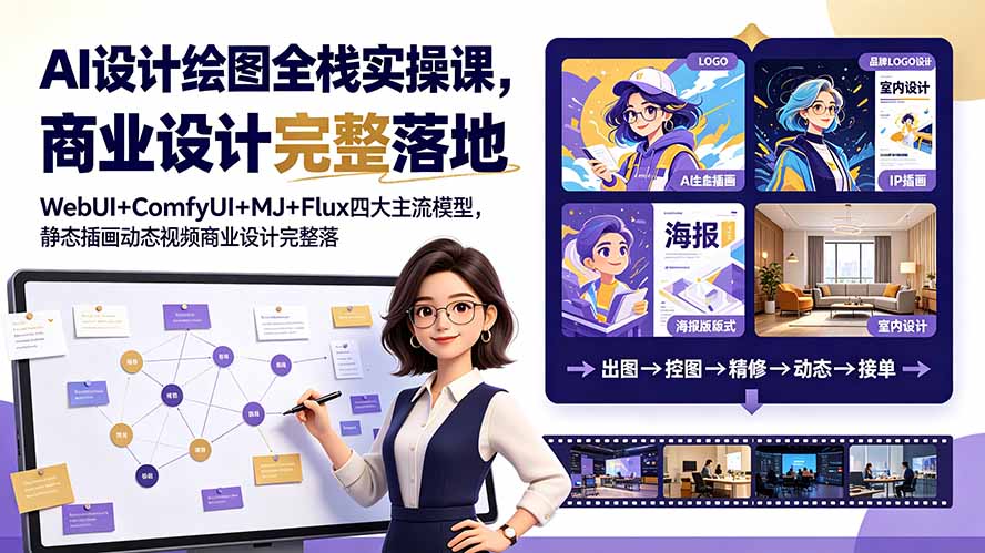 AI设计绘图全栈实操课，WebUI+ComfyUI+MJ+Flux四大主流模型，静态插画动态视频商业设计完整落地教程-青禾学社