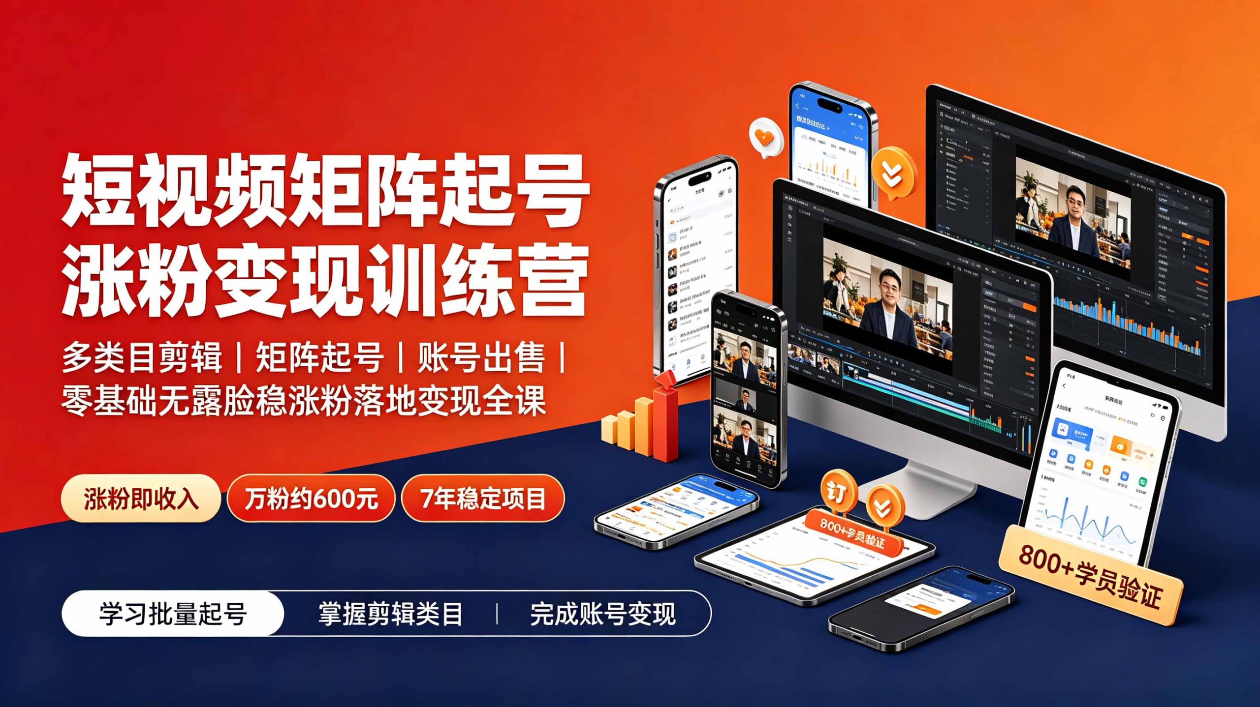 短视频矩阵起号涨粉变现训练营｜多类目剪辑·矩阵起号·账号出售，零基础无露脸稳涨粉落地变现全课-青禾学社
