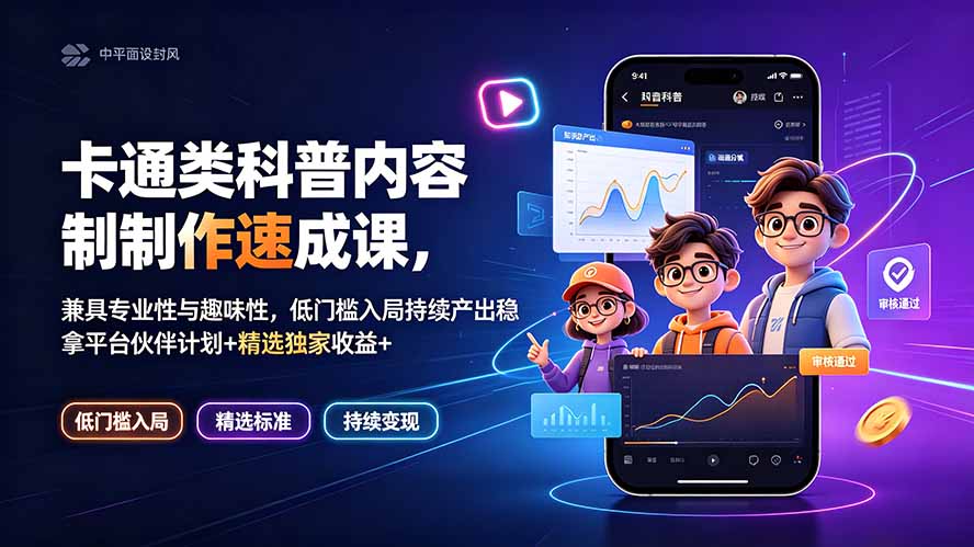 卡通类科普内容制作速成课，兼具专业性与趣味性，低门槛入局持续产出稳拿平台伙伴计划+精选独家收益-青禾学社