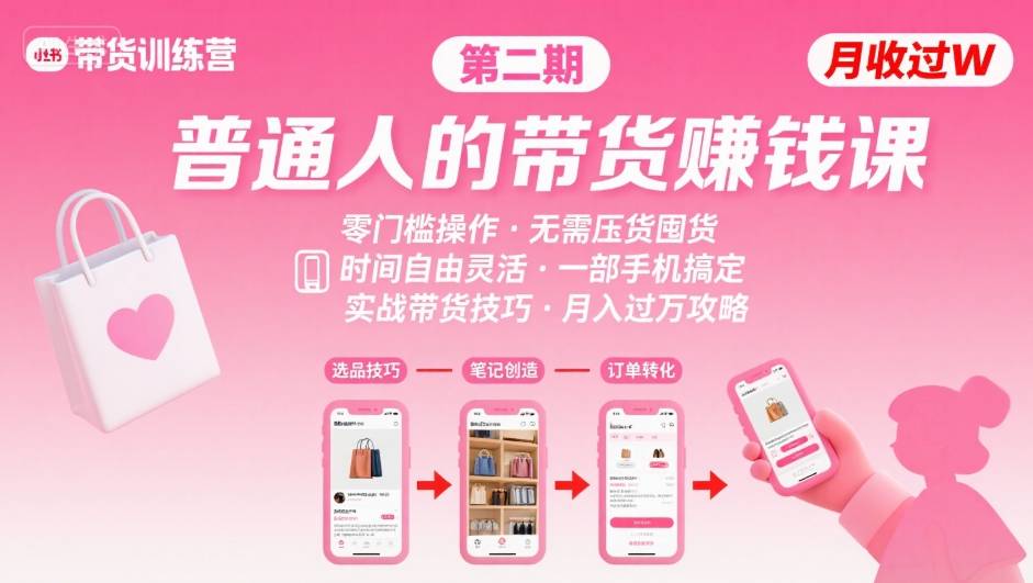 小红书带货第二期训练营,普通人月收过W的带货课,时间自由,零门槛无压货,一部手机即可操作-青禾学社