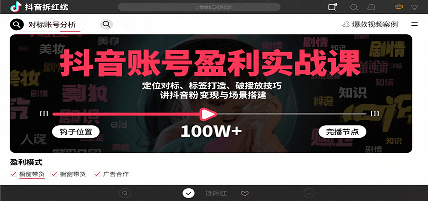 抖音账号盈利实战课，定位对标、标签打造、破播放技巧，讲涨粉变现与场景搭建-青禾学社