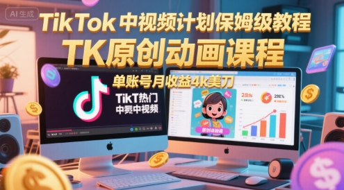 TikTok中视频计划保姆级教程,TK原创动画课程,单账号月收益4k美刀-青禾学社