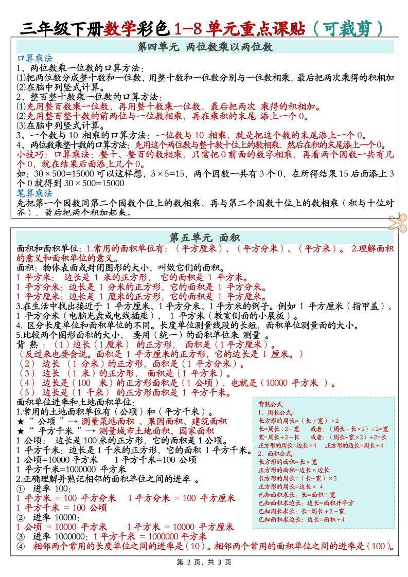 三下数学彩色1-8单元重点课课贴（3页）-青禾学社