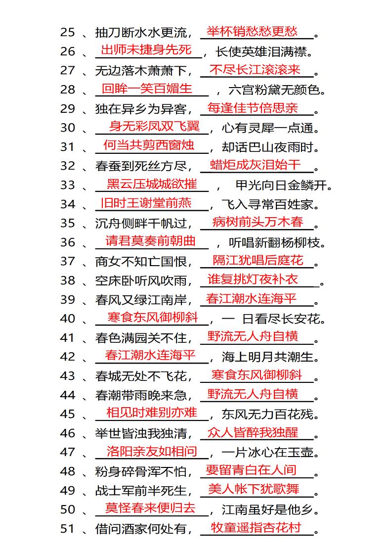 四年级下语文常考古诗词填空100题有答案-青禾学社