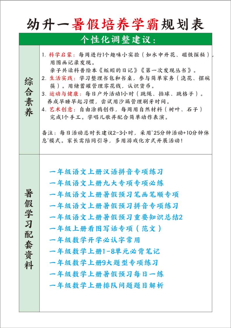 幼升一暑假培养学霸规划表-一上语文-青禾学社