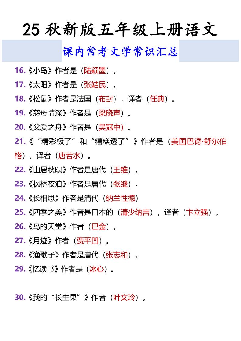 【2025秋新版】五年级上册语文课内常考文学常识汇总-青禾学社
