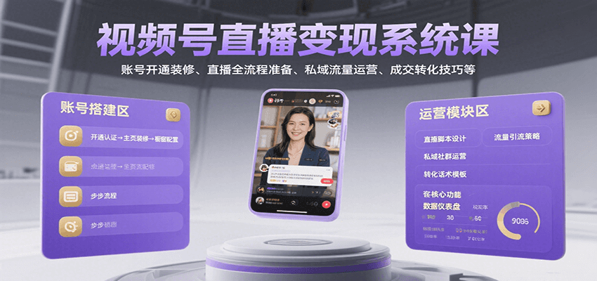 视频号直播变现系统课，账号开通装修、直播全流程准备、私域流量运营、成交转化技巧等-青禾学社