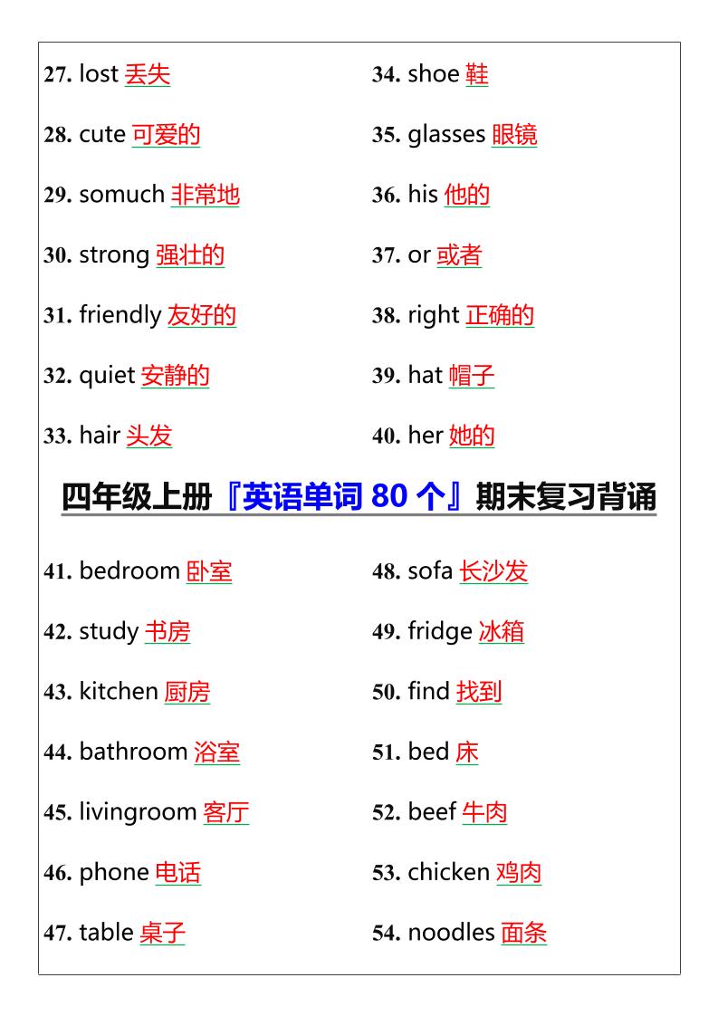 【2025秋新版】四年级上册『英语单词80个』期末复习背诵-青禾学社