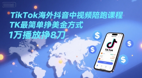 TikTok海外抖音中视频陪跑课程,TK最简单挣美金方式,1万播放挣8刀-青禾学社